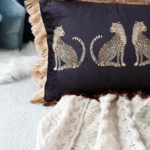 XSlive Lumbar Decorative Throw Pillow Cover with Tassels Leopard Pattern Cushion Cover Luxury Style Soft Velvet Pillowcase for Sofa Couch Bedroom (12"x20",Black) thumbnail 3
