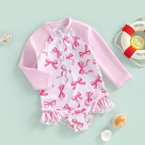 kacubwyy Toddler Girls Swimsuit Rash Guard Long Sleeve Baby Girl Bathing Suit One Piece Swimwear Little Kids Beach Outfit thumbnail 3