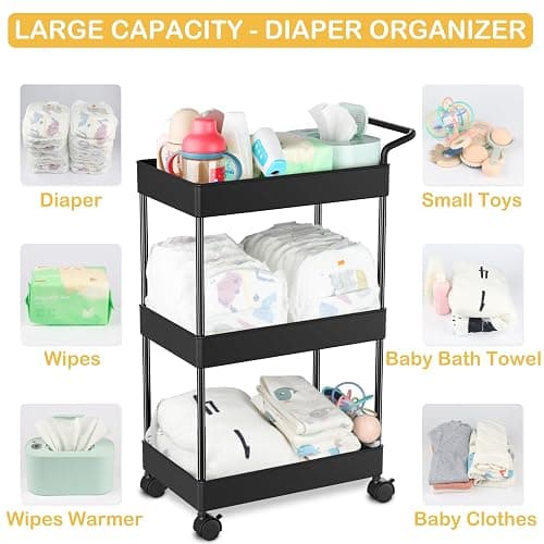 Volnamal Diaper Caddy - Plastic Diaper Organizer for Nursery Essentials, Baby Organizers and Storage, Movable Cart for Changing Table & Crib, Baby Registry Search, Black thumbnail 6