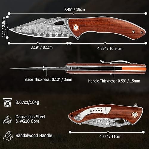 AUBEY Damascus Folding Knife with Clip, Pocket Knife with Wood Handle, EDC Knife for Outdoor Hiking Camping Collection (3.19" Blade) thumbnail 2