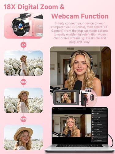 4K Video Camera Camcorder,UHD 56MP Camera Recorder,WiFi Vlogging Cameras for YouTube with IR Night Vision,18X Digital Zoom 3.0''Touch Screen Cam Corder with 64GB Card,Remote Control,Webcam,Pink thumbnail 6