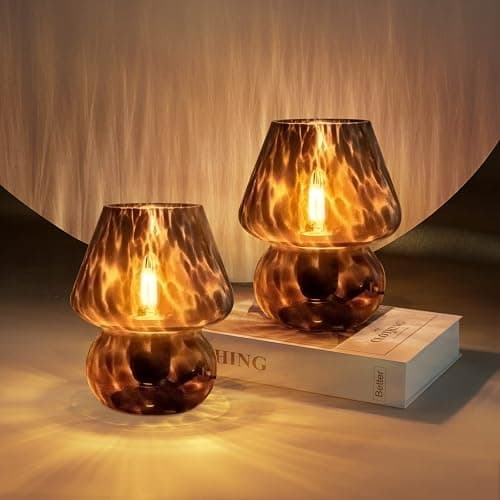ONEWISH Mushroom Lamp Small Vintage Table Lamp for Bedroom Set of 2, Nightstand Bedside Lamp Translucent Glass Dimmable, Murano Aesthetic Home Decor for Living Room Kitchen Dorm(Black) - Image 1