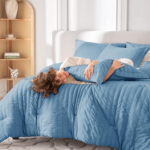 MUXHOMO 7 Pieces Queen Comforter Set, Seersucker Bed in a Bag Queen Size, All Season Luxury Bedding Set with Comforter, Flat Sheet, Fitted Sheet, Pillowcases & Shams, Mineral Blue thumbnail 7
