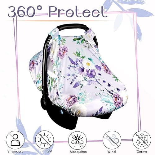 CARUILI Purple Floral Baby Car Seat Cover, Breathable Mesh Window, Sun and Wind Protection, 3 Modes of Use, Waterproof, Nylon, Polyester thumbnail 6