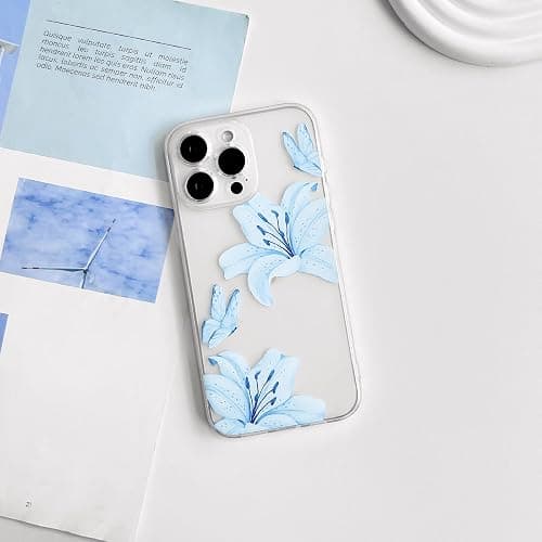NITITOP Compatible with iPhone 12 Pro Case Clear Cute Butterfly Lily Flower Floral Pattern for Women Girls Full Camera Lens Clear Slim Shockproof Protective Phone Cover - Blue thumbnail 2