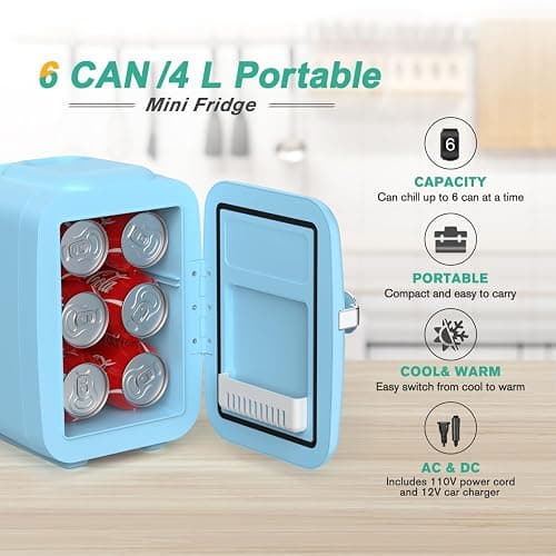 CROWNFUL Mini Fridge, 4 Liter/6 Can Portable Cooler and Warmer Personal Fridge for Skin Care, Cosmetics, Food,Great for Bedroom, Office, Car, Dorm, ETL Listed (Blue) thumbnail 3