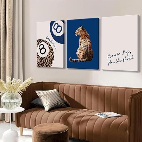 Navy Blue 3 Pcs Leopard Print Canvas Wall Art Cheetah animal prints 8 Ball Lucky Me pictures Trendy Wall decor Y2k aesthetics painting artwork for Apartment Dormitory College Decoration 12x16in thumbnail 5
