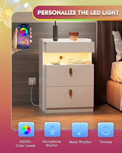 WLIVE White Nighstand with Charging Station and LED Lights, Night Stand with Sliding Top, Modern Bedside Table with 2 Drawers, End Tables for Bedroom, Living Room, White thumbnail 3