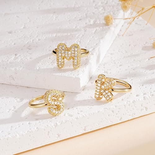 Mujahid Bubble Initial Ring Easter Basket Stuffers for Women, Fade-Proof 14k Gold Stackable Letter A-Z Rings Open Adjustable CZ Personalized Fashion Trendy Statement Jewelry thumbnail 6