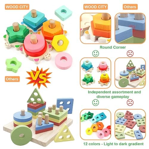 WOOD CITY Stacking Toys for Toddlers 1-3, Montessori Shape Sorter Baby Toys 12-18 Months, Wooden Block Educational Puzzle Toys for Boys Girls 1 2 3 4 Year Old Preschool Learning Gifts thumbnail 7