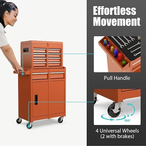 COSTWAY Large Rolling Tool Cabinet, 2-in-1 Detachable Metal Tool Chest with Drawers, Wheels, Handle & Hooks, Lockable Tool Box Trolley for Garage Workshop (5 Drawer with Adjustable Shelf, Orange) thumbnail 6