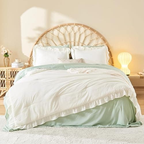Litanika Full Comforter Set Ivory, 3 Pieces Beige Ruffle Farmhouse Aesthetic Bedding Comforter Set, Lightweight Fluffy Microfiber Bed Set (79x90In Comforter, 2 Pillowcases) thumbnail 2