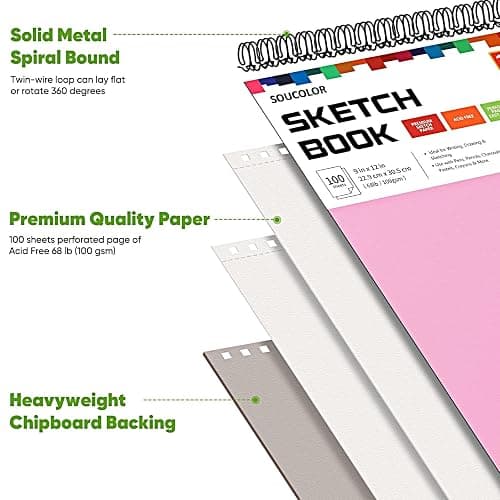 Soucolor Cute Sketch Book 9" x 12" Drawing Paper,Pink Teen Girls Sketchbook | 100 Sheets,68lb Acid-free paper,No Bleed-through,Micro-Perforated,Lay-Flat Top Spiral,Great Gift for Women,School Art thumbnail 3