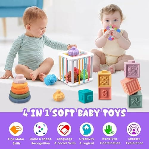 Martiount 4 in 1 Montessori Baby Toys for 6 12 18 Months, Soft Stacking Blocks Sensory Teething Toy, Educational Learning Toys for 1 2 3 Year Old Toddlers, Baby Girl Boy Birthday Gift Set thumbnail 3