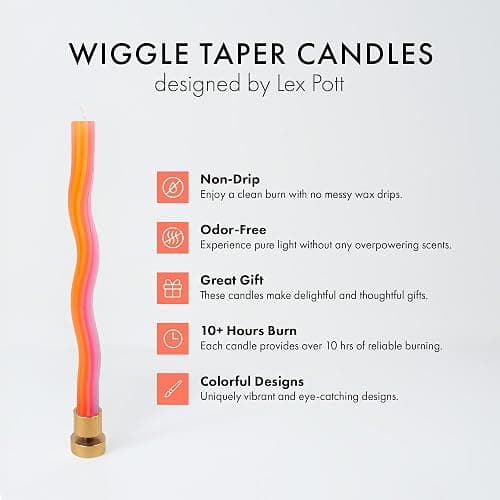 Wiggle Candles (2 Pack) - Joyful Dancing Design Taper Candlesticks | Bright Colors | 7/8” diam x 11” Length | Designed by Lex Pott | Made in USA (Orange) - Orange thumbnail 2