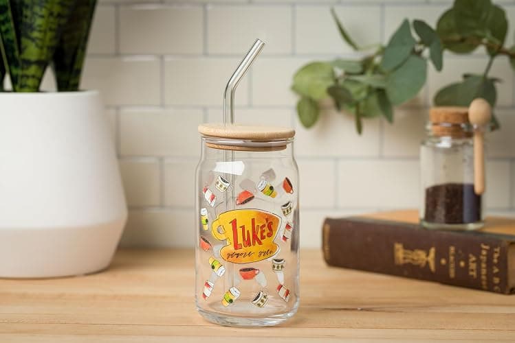 Silver Buffalo Gilmore Girls Luke's Diner Logo Glass Jar Tumbler with Bamboo Lid and Glass Straw, 16 Ounces thumbnail 2