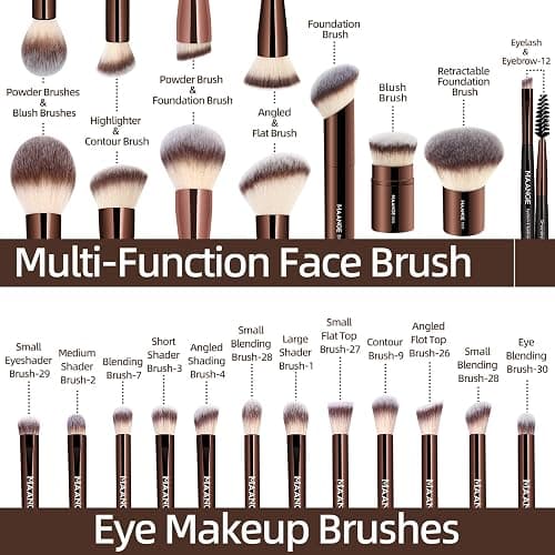 MAANGE 20 PCS Foundation Makeup Brush Set, Double-ended Kabuki Brush Contour Brush for Liquid Powder Concealer Cream Cosmetics Blending Blush Buffing Face Makeup Tools (Coffee) - Coffee thumbnail 3