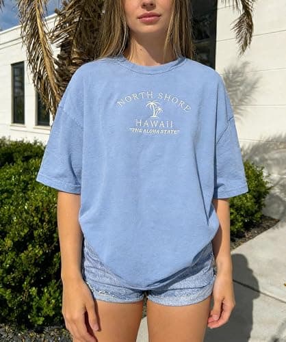 Womens Oversized Vintage Flower T-Shirts Preppy Western Graphic Tees Tops Y2k Ocean Coastal Summer Beachy T Shirts thumbnail 3