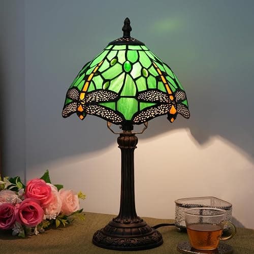 wecrejoni Tiffany Lamp Green Dragonfly Stained Glass Table Lamp 8X8X14 Inches Green Dragonfly Style Desk Reading Light Decor Beside Bedroom Living Room Home (H1057-Green Dragonfly) thumbnail 7