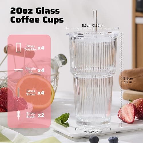 GOSCHE 20oz Glass Cups with Lids and Straws, Ribbed Iced Coffee Cups, Thickened Glass Tumbler Set Ideal for Coffee, Smoothies, Cocktails, and Juices, Clear, 4 Pack thumbnail 3