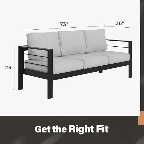 Solaste Aluminum Outdoor Couch, 3-Seat Metal Outdoor Sofa with Water-Resistant Cushion, Weather-Resistant Modern Patio Sofa, Black Frame Grey Cushion thumbnail 2