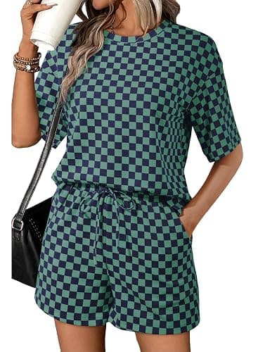 SHEWIN Women's Plaid 2 Piece Short Sets 2026 Lounge Beach Travel Vacation Outfits Matching Shorts Sweatsuit with Pockets - Image 1