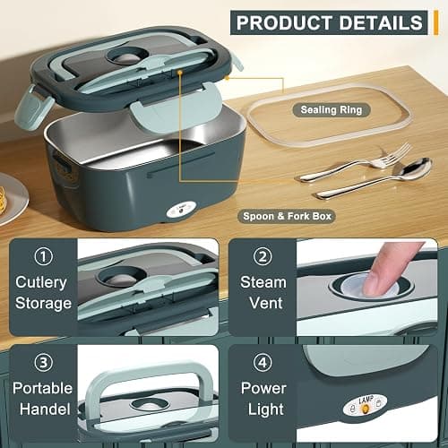 Monteka Electric Lunch Box Food Heater - Leakproof Portable Food Warmer heated lunch box for adults for Car/Home/Truck with 1.5L Removable Stainless Steel Container, White Elephant Gift, 12V/24V/110V thumbnail 3