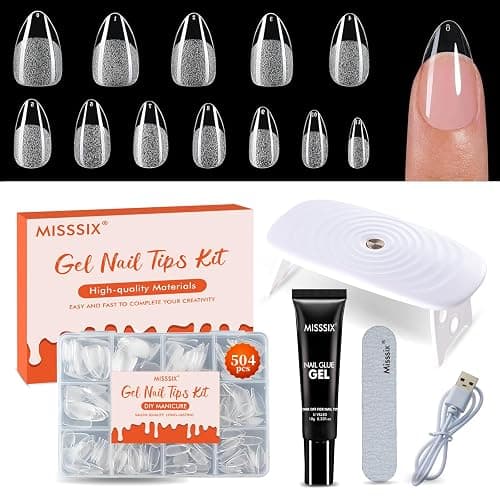 Misssix Short Almond Gel x Nail Tips Kit, 504Pcs Pre Etched Clear Fake Nails, Full Cover False Nail 9-in-1 Gel Glue and Portable Mini U V Nail Lamp for Women 12 Sizes - Image 1
