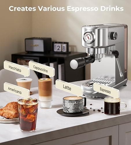 Espresso Machine with Milk Frother, 20 Bar High Pressure Professional Espresso Maker Automatic, Compact Stainless Steel Coffee Machine for Cappuccino, Latte, Gift for Coffee Lover, Dad or Mom, Silver thumbnail 3