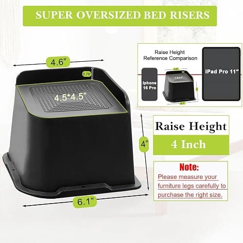 Yookwutar Bed Risers 2 inch, 3 inch, 4 inch, 6 inch, 8 inch Heavy Duty, Oversized Furniture Riser for Couch Sofa Table Chair Leg Frame Dorm, Support up to 6000 Lbs (Black 4 Pack, 4 inch) thumbnail 2