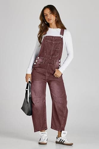 PLNOTME Womens Denim Bib Overalls Barrel Leg Adjustable Strap Jean Jumpsuit | 90s Outfits,Baggy Jumpers,Loose Overalls with Pockets thumbnail 3