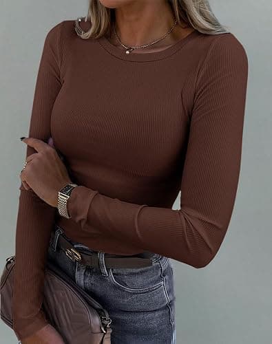 Roselux Womens Long Sleeve Stretch Crewneck Ribbed T-Shirt Fitted Casual Basic Tops thumbnail 5