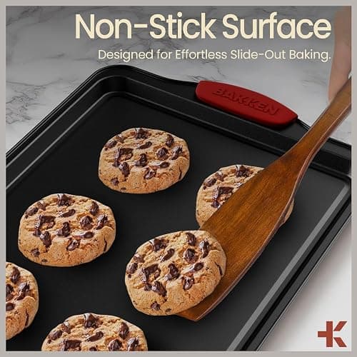 Baking Set – 10 Piece Kitchen Oven Bakeware Set – Deluxe Non-Stick Blue Coating Inside and Outside – Carbon Steel – Red Silicone Handles – PFOA PFOS and PTFE Free by Bakken,Black thumbnail 7