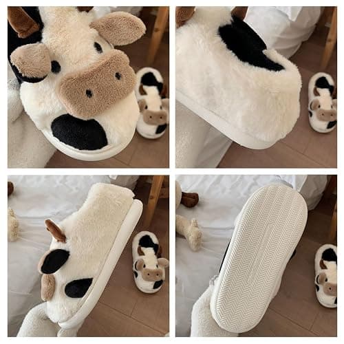 PUWAN Cute Fuzzy Cow Slippers for Women, Cartoon Plush Warm Cow Slippers for Girls Funny, Novelty and Soft Cotton Slipper, Women's Winter House Shoes Suitable for Indoor Bedroom Dormitory thumbnail 4