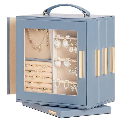 Homde Christmas Gifts Jewelry Box 360° Rotating, Necklace Earring Organizer with Transparent Window, Mirror, 7 Drawers, Large Ring Display Storage Case for Girls Women (Grey Blue) - Image 1