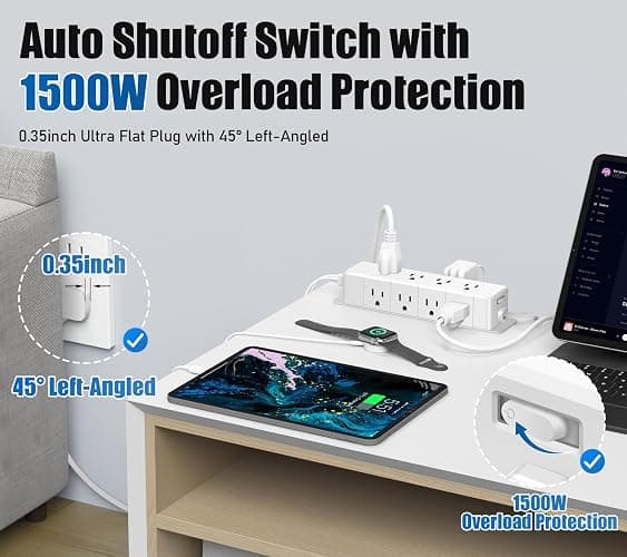 ANNQUAN 40W Fast Charging Under Desk Power Strip,12 Outlet Mountable Power Strip with 4 USB,1200J Surge Protection,6FT Flat Extension Cord thumbnail 4