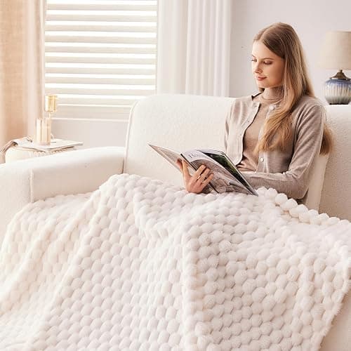 NEWCOSPLAY Super Soft Queen Blanket Ivory Premium Silky Flannel Fleece 3D Clouds Stylish Jacquard Lightweight Bed Blanket All Season Use 350GSM (Ivory, Queen(90"x90")) thumbnail 9