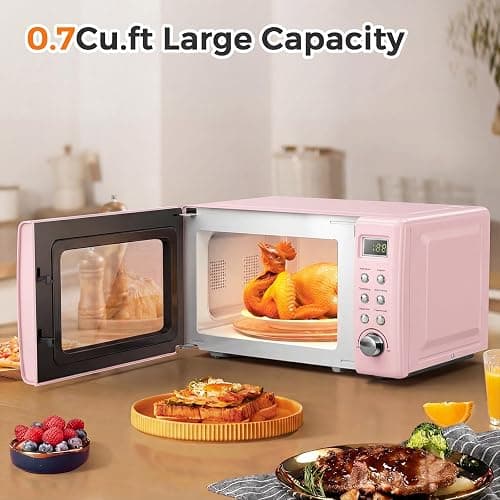 ARLIME Retro Microwave 0.7Cu.ft, 700 Watt Countertop Microwave with 5 Micro Power Defrost & Auto Cooking Function, LED Display, Child Lock, Pink Small Microwave for Kitchen, RV, Dorm thumbnail 7