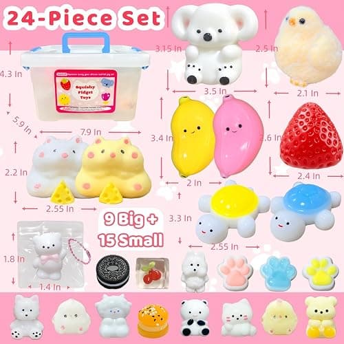 SUISUILE 24 Pack Squishy Toys Kit, Ultra-Soft Squishies with Keychain & Storage Box, Sticky Squishy Sensory Squeeze Toys, Include Hamster, Strawberry, Chick Squishies for Stress Relief Party Favors thumbnail 2