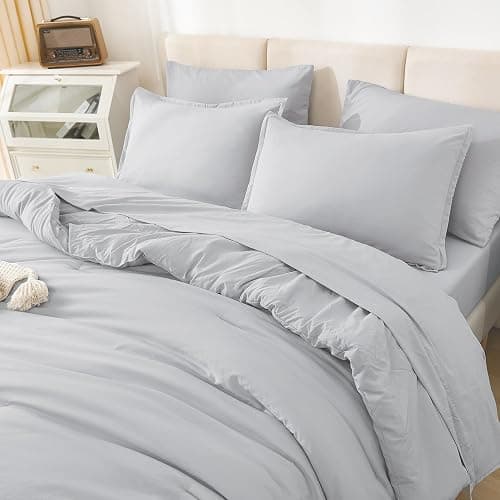 Litanika Full Size Comforter Sets Light Grey - 7 Pieces Bed in a Bag Full Bedding Comforter Sets, Solid Lightweight Bed Set with Comforter, Sheets, Pillowcases & Shams thumbnail 4
