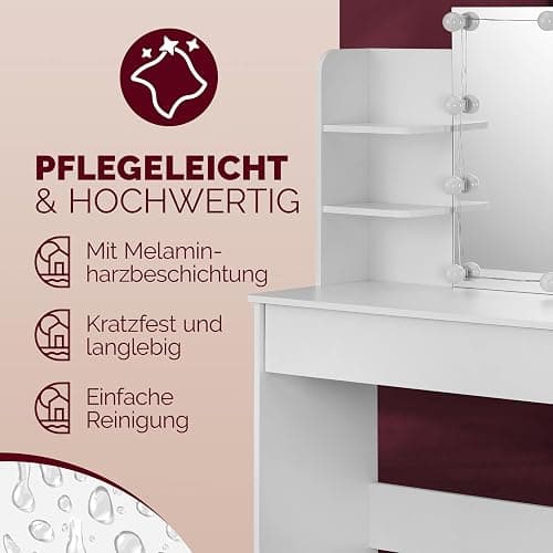 Casaria® Schminktisch mit Spiegel LED Beleuchtung Fernbedienung Schublade Beleuchtet Organizer Weiß Frisiertisch Ablagen 110x40cm Kosmetiktisch Holz thumbnail 6