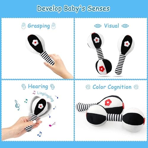 JoyLife Jouets D'éveil Bebe 0 3 6 12 Mois, Noirs et blancs Jouet de Peluche Hochets Haltère Cadeau pour Bebe Garçon Fille, Voyage Douce Jouets en Peluche avec des sons pour Nouveau-né cadeaux thumbnail 3