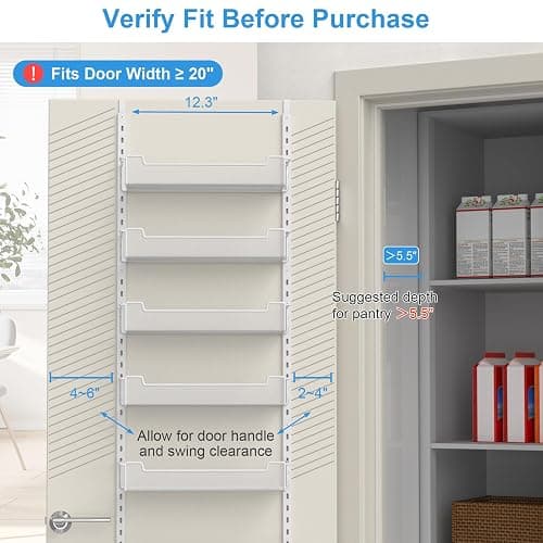 VyGrow 12.3" W Narrow Over the Door Pantry Organizer, 6-Tier Over the Door Organizer with Adjustable Basket, Pantry Door Organization for Pantry Kitchen Storage Room Spice Rack, White thumbnail 4