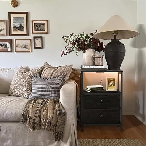 BOLUO Black Nightstand with Charging Station, LED Night Stand with 2 Fabric Drawers, Bedside Table with USB Ports and Outlets, Nightstand for Bedroom Modern thumbnail 8