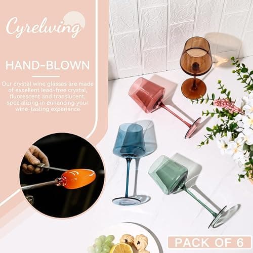 Colored Wine Glasses Set of 6-18oz【Hand Blown】Crystal Colorful Wine Glasses with Stem-Muticolor Wine Glass Wedding gift set for wine lovers Red White Wine Dinner thumbnail 4