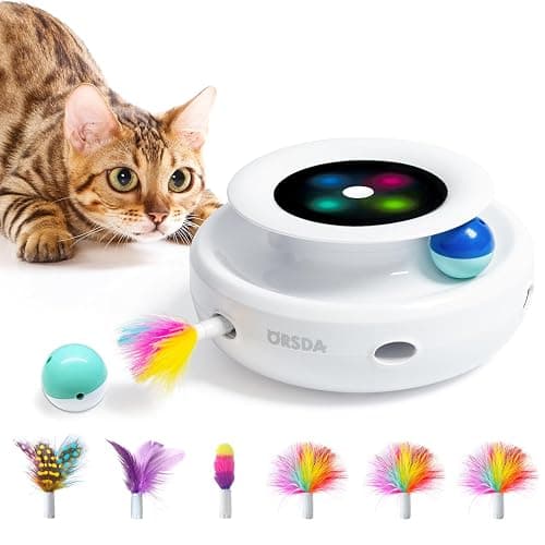 ORSDA 2in1 Interactive Toys for Indoor Cats, Timer Auto On/Off, Cat Toy Balls & Ambush Electronic Cat Mice Toy for Entertainment with 6pcs Feathers, Dual Power Supplies - Ivory White - Image 1