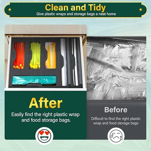 KOCWELL Bag Organizer & Plastic Wrap Dispenser with Cutter, 6 In 1 Bamboo Foil & Plastic Wrap Organizer for Kitchen, Food Storage Bag Organizer thumbnail 5