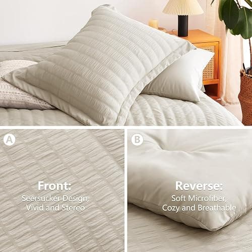 CozyLux Queen Comforter Set Oatmeal Seersucker 7 Pieces Bed in a Bag Queen Comforter Set with Sheets Luxury Soft Bedding Set with Down Alternative Comforter, Sheets, Pillowcases & Shams for All Season thumbnail 4