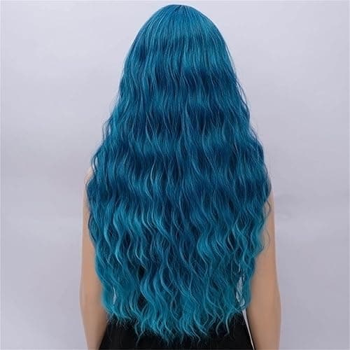 Netgo Teal Wig for Women, Dark Blue Wig with Bangs, Long Fluffy Curly Wavy Blue Hair Wigs for Girl Synthetic Daily Cosplay Party Wigs - Dark Blue thumbnail 7