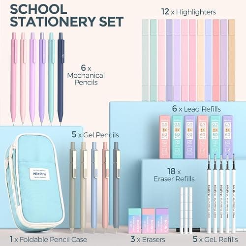 Nicpro School Supplies with Cute Pencil Case, 39 PCS Blue | Back to School Stationery Set, Essentials for College Nursing Student, 12 Pastel Highlighter, 6 Mechanical Pencil, 5 Gel Pen thumbnail 2